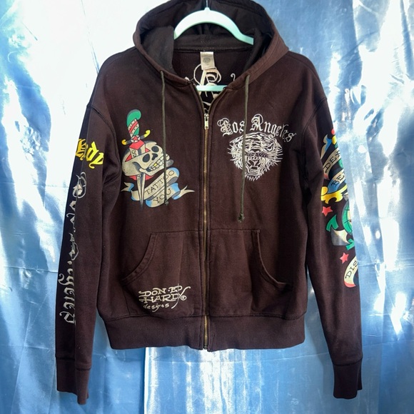 Ed Hardy Mens Rust Love Kills Slowly Brown Full Zip Hoodie Jacket - Picture 1 of 6